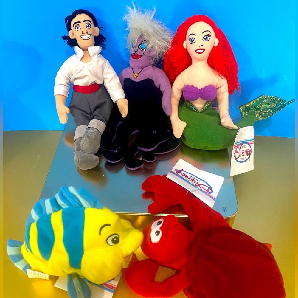 DISNEY STORE NWT VTG 1990s THE LITTLE MERMAID BEAN BAG PLUSH COMPLETE SET OF 5